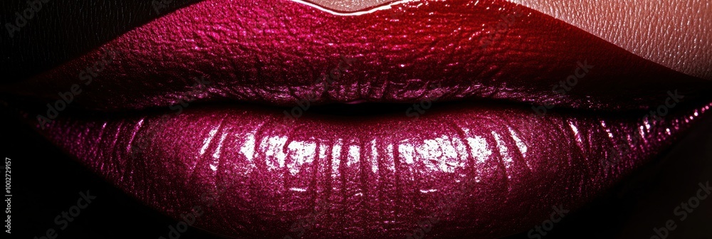 Aufkleber Close-up of glossy lips with shining finish showcasing vibrant color details illuminated by soft light in a stylish environment. Generative AI