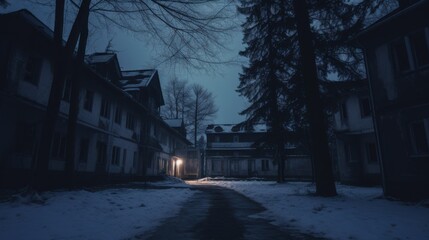 A dark, eerie scene of an abandoned mental health facility blanketed in snow, exuding mystery and a haunting atmosphere.