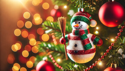 Close-Up of a Christmas Snowman Ornament Hanging from a Decorated Tree Branch with Soft Warm Lighting and a Blurred Background, Creating a Festive Holiday Atmosphere. AI-generated