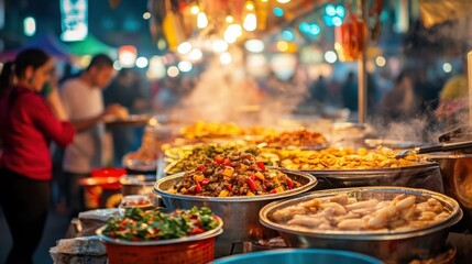 A vibrant street food stand at a bustling festival, with customers enjoying various dishes, in a blurred and festive background