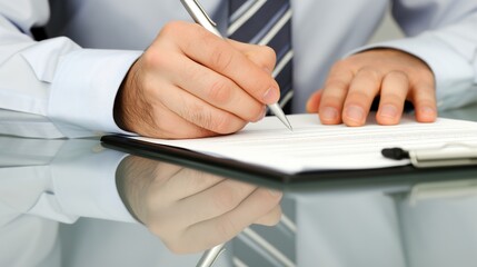 Fototapeta premium Confident businessman signing a contract, surrounded by financial documents, symbolizing price guarantees and business security.