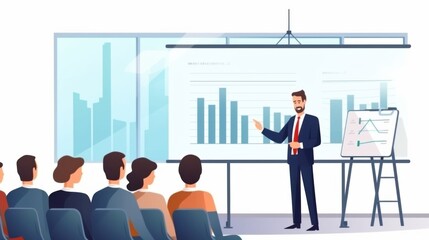 An animated business coach in a suit conducts a training session with visual aids, engaging an audience in a bright and modern room.