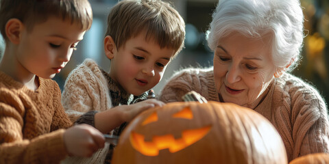 Fototapeta premium Senior woman carving Halloween pumpkin with her grandchildren in the garden.