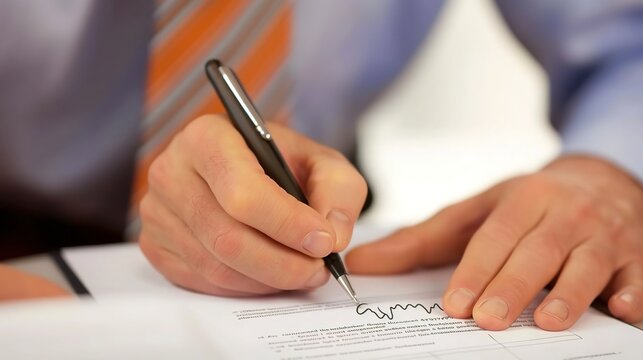 Confident businessman signing a contract, surrounded by financial documents, symbolizing price guarantees and business security.