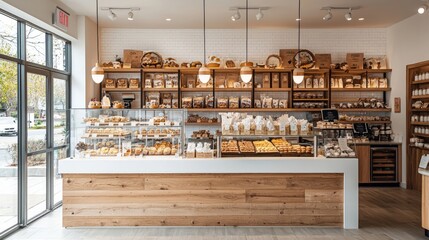 Modern bakery interior with a variety of fresh bread and pastries