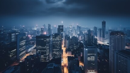 Fototapeta premium A high-angle view of a cityscape at night, featuring illuminated skyscrapers and glowing streets under a moody, slightly cloudy sky.