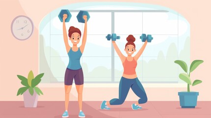 Naklejka premium A playful illustration of a mother and daughter engaging in home exercise, smiling and lifting dumbbells together in a bright, cheerful room.