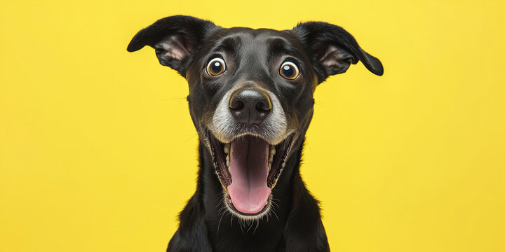 Dog looking surprised, reacting amazed, impressed or scared over solid yellow background.