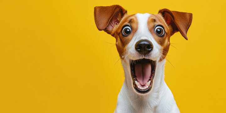 Dog looking surprised, reacting amazed, impressed or scared over solid yellow background.