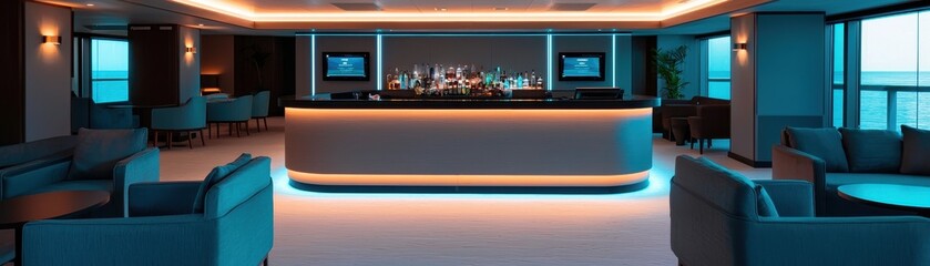Fototapeta premium Spacious yacht lounge with a high-tech bar, soft LED lighting embedded in the ceiling, and AI-controlled mood settings for relaxation and entertainment