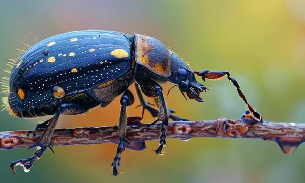Black and yellow bug is on a branch. The bug is small and has a lot of spots. hyperrealistic Video