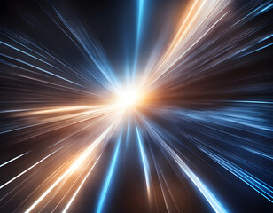 Obraz premium Digital image of light rays, stripes lines with blue light, speed and motion blur over dark blue background