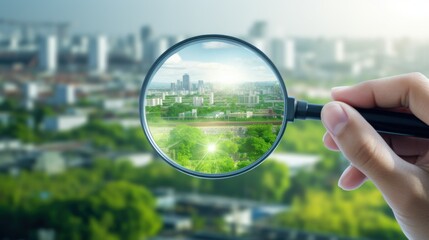 A hand holds a magnifying glass, focusing on a lush, green cityscape in the background, symbolizing attention to detail and urban greenery.