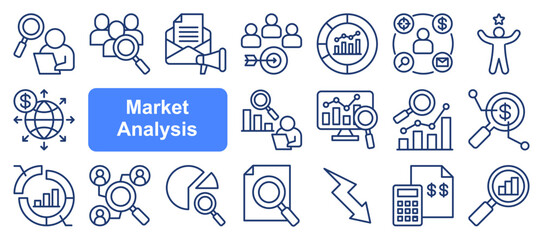Market research icon collection set. Containing segmentation, trends, penetration, buyer personas, data, sales, analysis icon. Simple flat vector.
