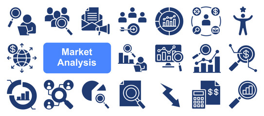 Market research icon collection set. Containing segmentation, trends, penetration, buyer personas, data, sales, analysis icon. Simple flat vector.