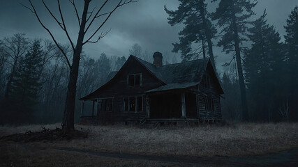 Dark and moody scene of an abandoned property, eerie and creepy haunted house in a foggy forest. Perfect for horror themes and mysterious atmosphere for halloween theme card