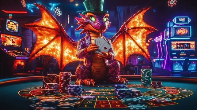 A cartoon dragon wearing a top hat is playing cards at a casino table.