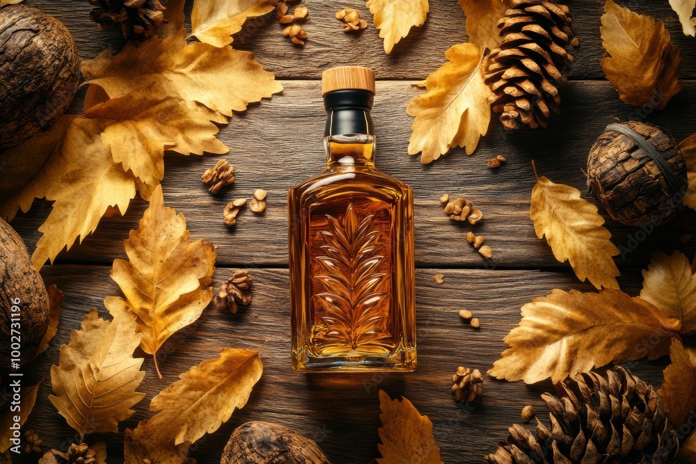 Poster A close-up view of a whiskey bottle surrounded by autumn leaves and pine cones, set on a rustic wooden table in warm lighting. Generative AI