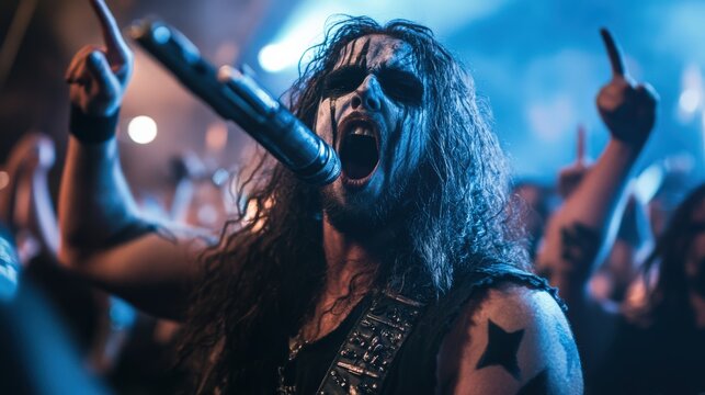 The heavy metal fan passionately sings into the microphone, surrounded by an energetic crowd that raises their fists in excitement at a lively nighttime concert
