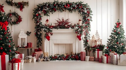 Cozy and inviting Christmas backdrop featuring a warm fireplace festive holiday garlands vibrant colors and charming decor elements perfect for family gatherings and seasonal festivities