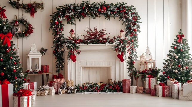 Cozy and inviting Christmas backdrop featuring a warm fireplace festive holiday garlands vibrant colors and charming decor elements perfect for family gatherings and seasonal festivities