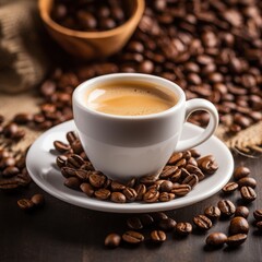 Fototapeta premium A steaming cup of espresso sits on a saucer surrounded by a plethora of coffee beans, offering an inviting and aromatic coffee experience.