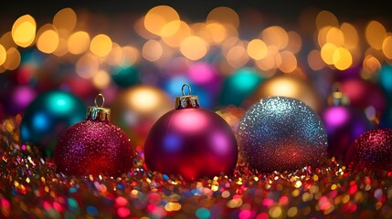 Obraz premium Vibrant Christmas with bright festive lights colorful holiday ornaments and sparkling accents creating a joyful magical atmosphere and spreading holiday cheer
