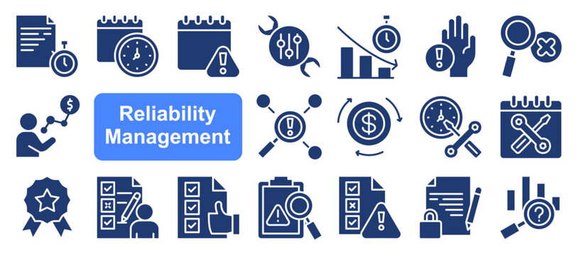 Reliability management icon collection set. Containing availability, maintainability, failure, risk, redundancy, fmea, mtbf icon. Simple flat vector.