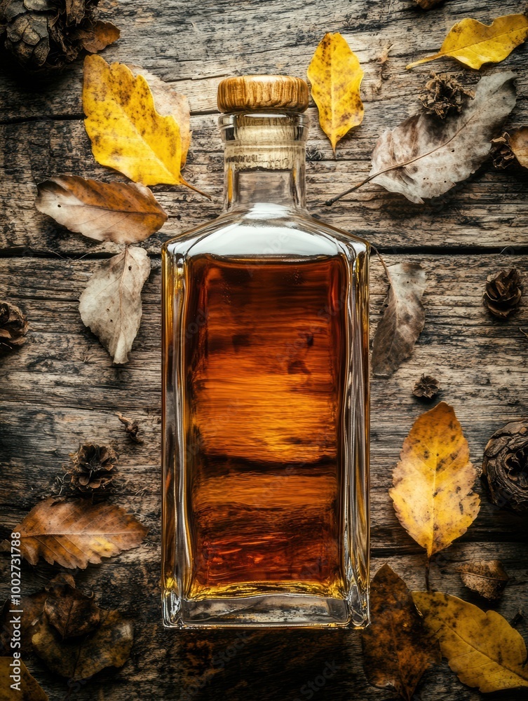 Poster close-up of amber whiskey bottle surrounded by autumn leaves on rustic wooden surface. generative ai
