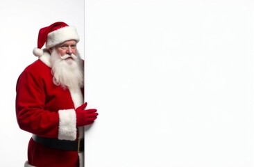 Charismatic Santa Claus peeks out from behind a large empty white board and smiles at the camera, pointing to your advertisement with his hand. Place for text