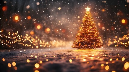 Naklejka premium Glowing Christmas tree set against a winter backdrop surrounded by twinkling lights shimmering ornaments and other festive a joyful and merry holiday scene
