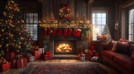 Fototapeta premium Cozy and festive Christmas backdrop featuring a warm fireplace twinkling Christmas tree wrapped an assortment of traditional holiday in a comfortable inviting living room setting