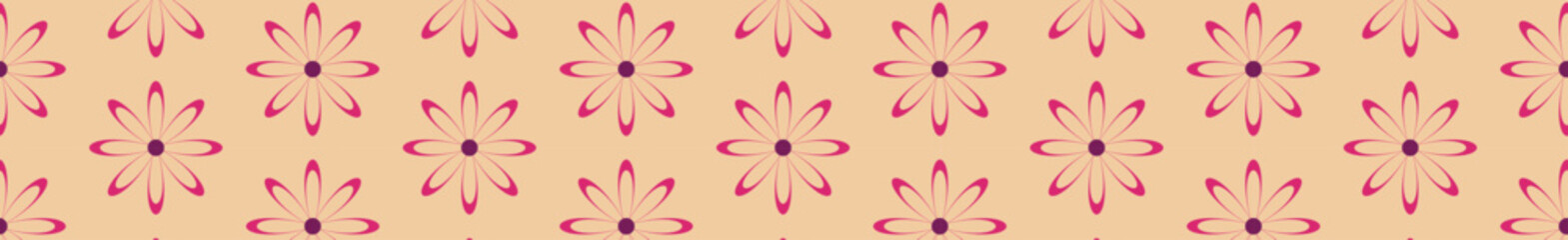 A repeating pattern featuring stylized floral shapes in pink against a soft peach background, suitable for textiles or graphic design.