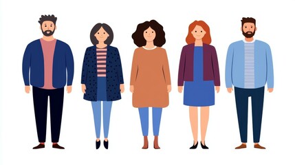 Fototapeta premium Diverse group of five individuals standing together, white isolated background.