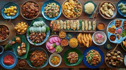 Fototapeta premium A wooden table filled with a variety of Sundanese village specialties, surrounded by colorful plates of traditional dishes, ready to serve.