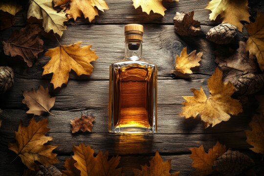 A close-up of a whiskey bottle surrounded by autumn leaves and pine cones on a rustic wooden table, capturing seasonal warmth. Generative AI - Powered by Adobe
