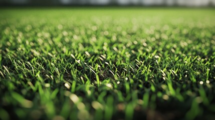 Macro shot of football field grass with small dirt patches, midday sun