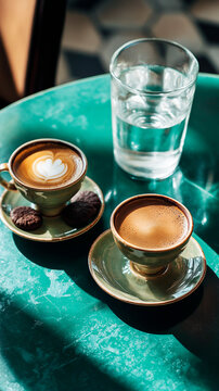 Fotograf&iacute;a en primer plano de dos tazas y platillos con caf&eacute;, dispuestos sobre una mesa verde esmeralda al estilo parisino de Le Nain. La escena incluye vasos de agua y galletas de chocolate, captada 