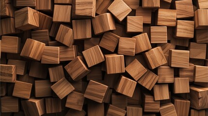 A close-up view of numerous small wooden cubes, showcasing their natural texture and warm tones, arranged randomly.
