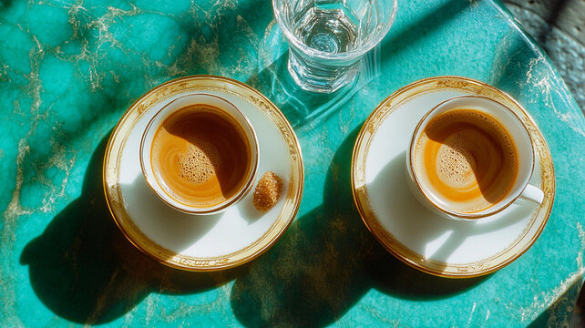 Fotograf&iacute;a en primer plano de dos tazas y platillos con caf&eacute;, dispuestos sobre una mesa verde esmeralda al estilo parisino de Le Nain. La escena incluye vasos de agua y galletas de chocolate, captada 