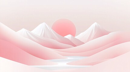 Minimalist illustration of a pink sunset over a mountain range with a river winding through the valley.