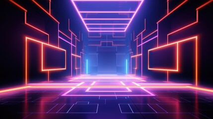 A futuristic neon-lit geometric corridor radiates vibrant hues of pink, purple, and blue in an abstract composition.