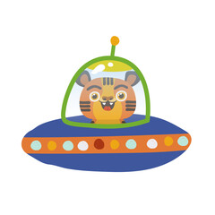A tiger is flying on a flying saucer on a white background. Vector illustration