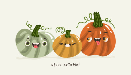 A postcard with cheerful pumpkins with the inscription hello autumn