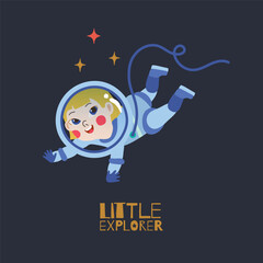 An illustration of an astronaut girl flying in outer space in a spacesuit