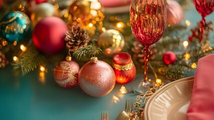 A collection of bright colorful Christmas ornaments with playful designs and twinkling lights setting the tone for a warm festive holiday gathering filled with cheer and