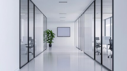 Futuristic office interior with glass walls, holographic meeting rooms, AI-controlled lighting, and sleek, minimalistic furniture, bright and open atmosphere
