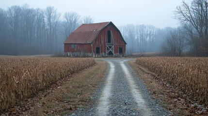 Obraz premium Old barn in a rural field with a dirt road leading to it