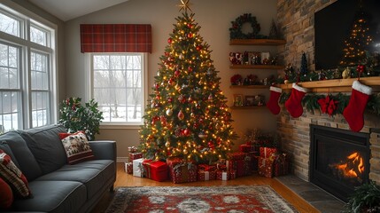 Obraz premium Beautifully decorated Christmas tree with traditional holiday ornaments twinkling lights and a cozy fireplace in a warm rustic living room interior perfect for festive gatherings and