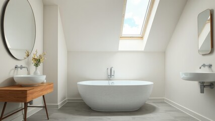 Fototapeta premium A modern bathroom features a stand-alone tub situated beneath skylights, which filter in soft sunlight, complemented by
